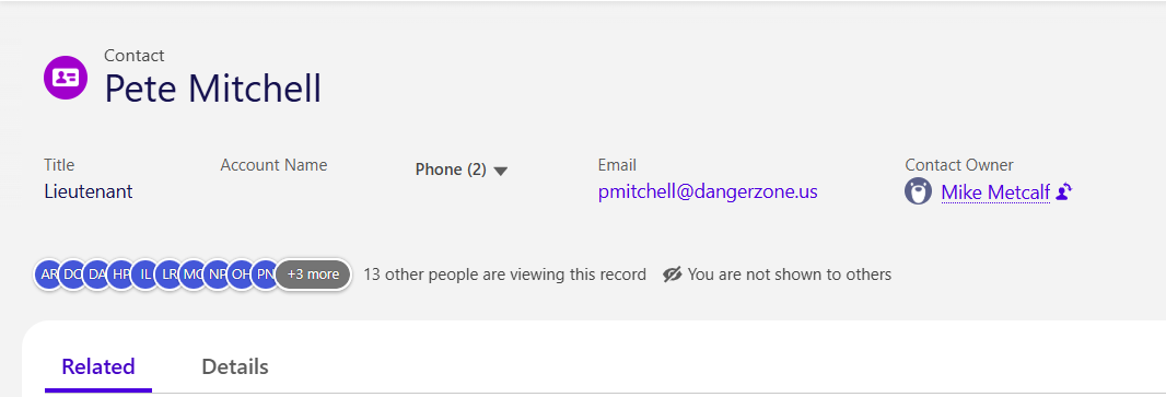 A Salesforce contact record with ten avatars, a chip reading +3 more, and the text: 13 other people are viewing this record