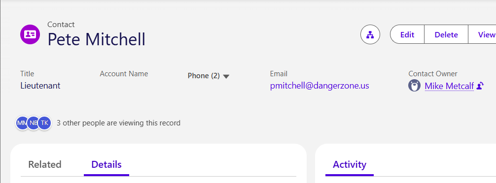 A Salesforce contact record with three avatars and the text: 3 other people are viewing this record